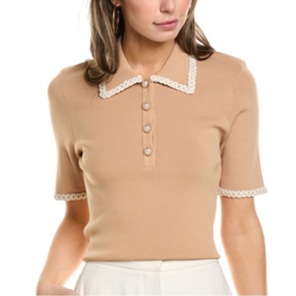 Alexia Admor “Brianna” Beige Short
Sleeve Knit Collared Top Size Large EUC!